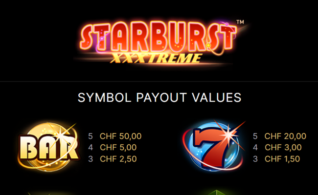starburst xxxtreme paytable 1