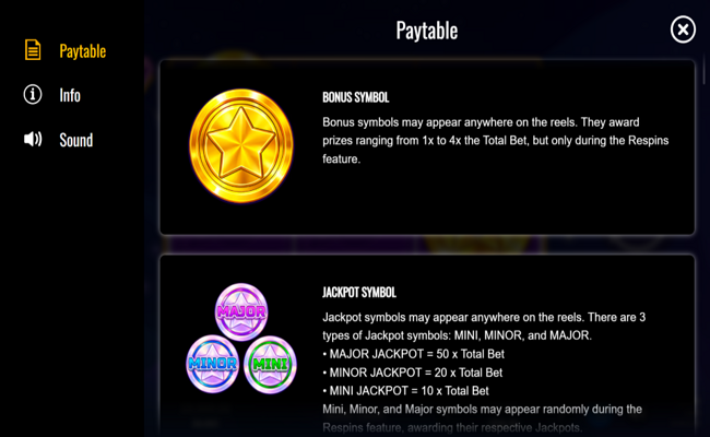 starlight coins paytable 1