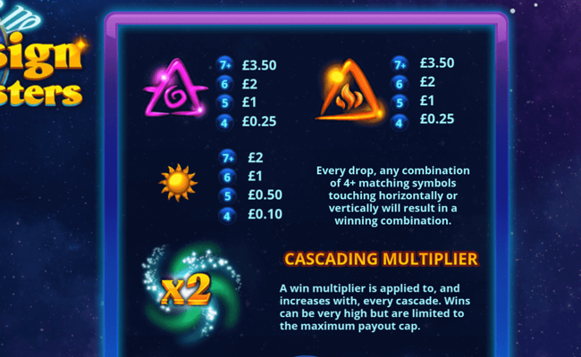 starsign clusters paytable 2