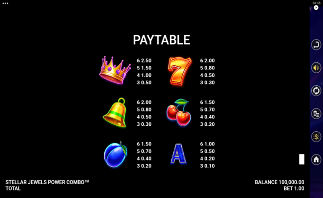 stellar jewels power combo paytable 1