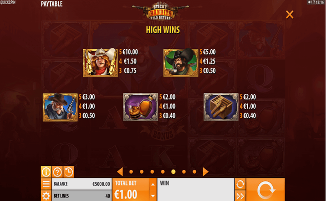 sticky bandits wild return paytable 1