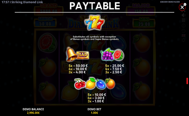 striking diamond link running wins paytable