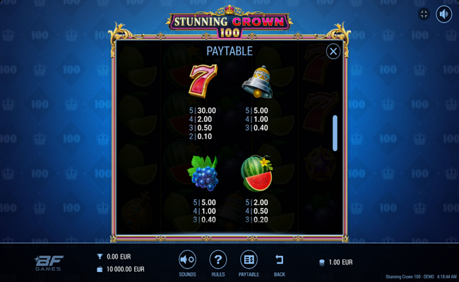 stunning crown 100 paytable 1