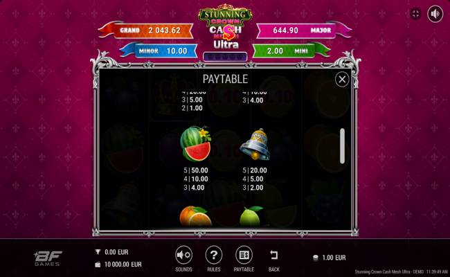 stunning crown cash mesh ultra paytable 2