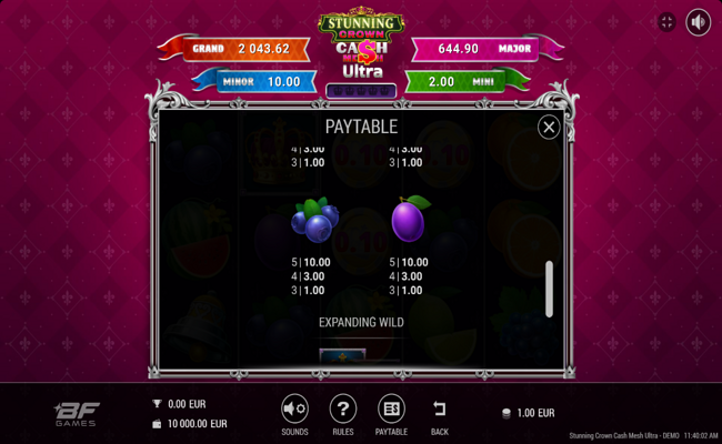 stunning crown cash mesh ultra paytable 4