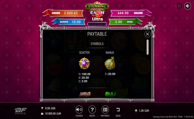 stunning crown cash mesh ultra paytable 5