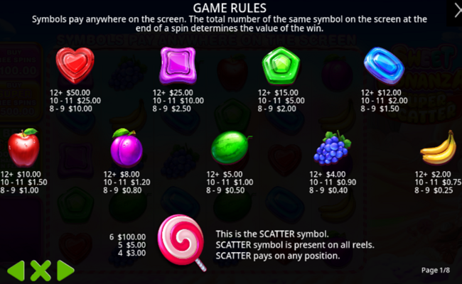 sweet bonanza super scatter paytable
