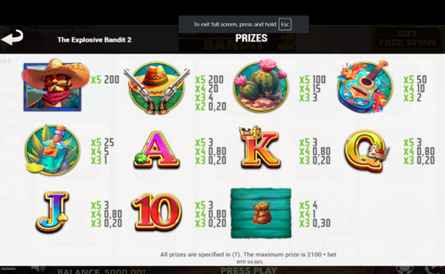the explosive bandit 2 paytable