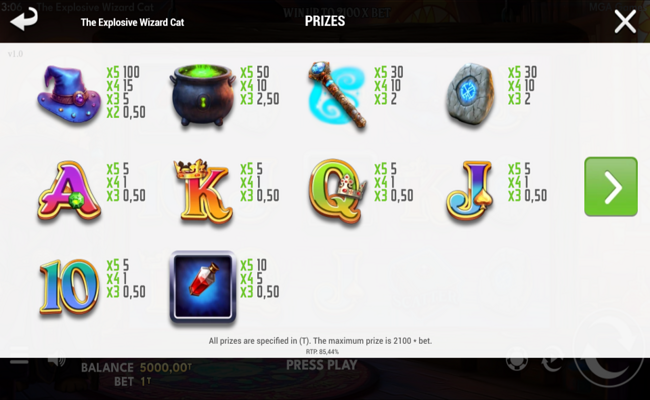 the explosive wizard cat paytable 1