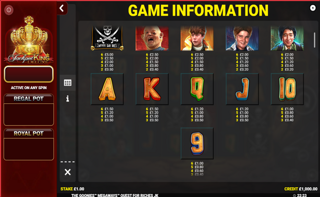 the goonies megaways quest for riches paytable