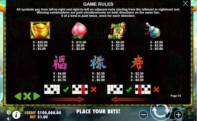 three star fortune paytable