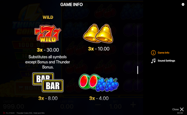 thunder coins xxl paytable 1