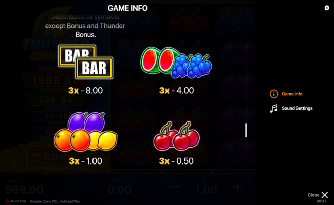 thunder coins xxl paytable 2