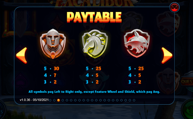 towering pays exacalibur paytable 2