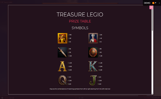 treasure legio paytable 1