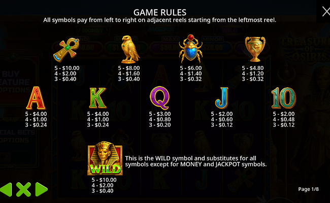 treasures of osiris paytable 1