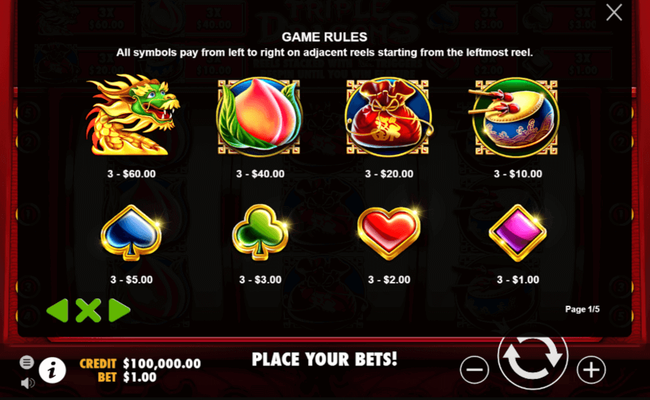 triple dragons paytable