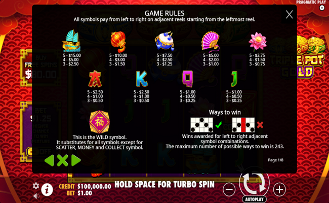 triple pot gold paytable