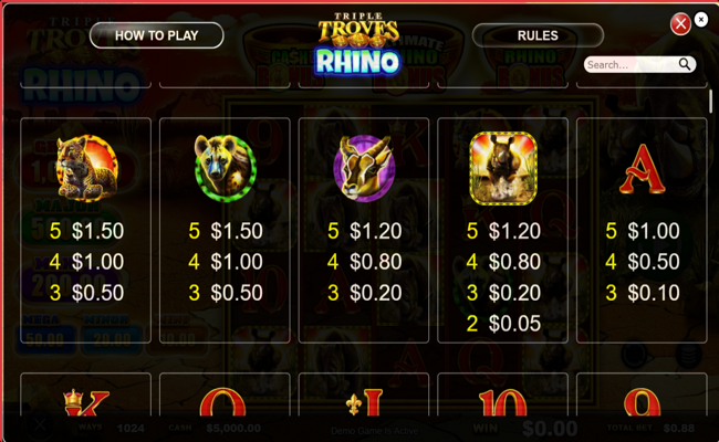 triple troves rhino paytable 2