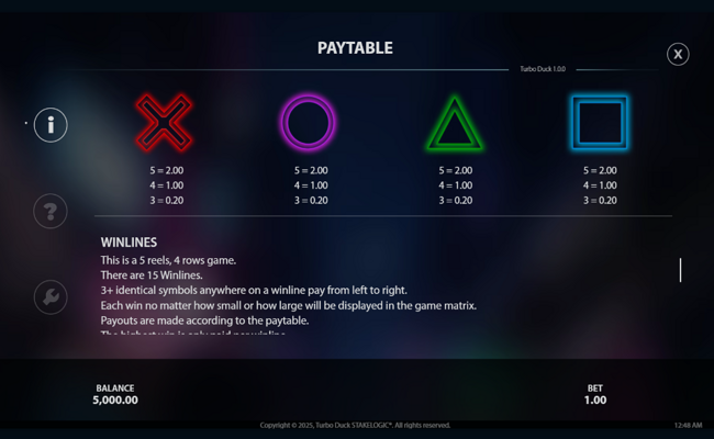 turbo duck paytable 2