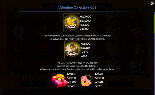 valentine collection 20 lines paytable 1