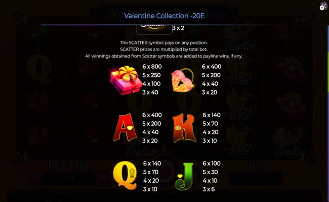 valentine collection 20 lines paytable 2