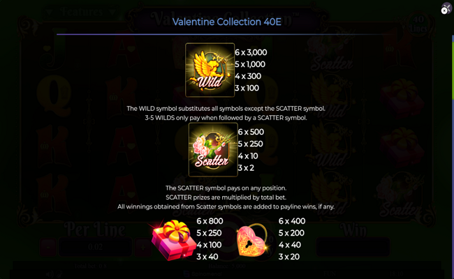 valentine collection 40 lines paytable 1