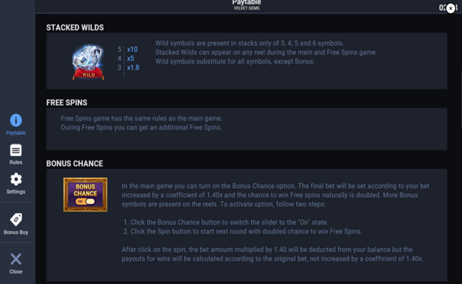 velvet gems paytable 2