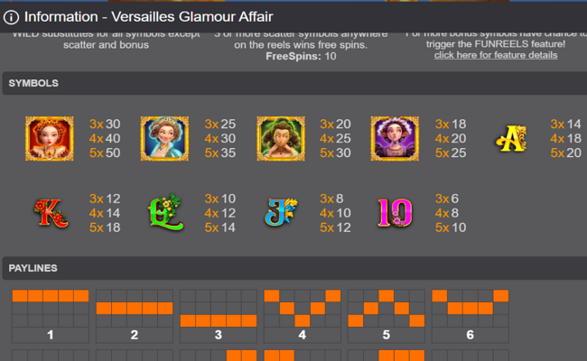 versailles glamour affair paytable