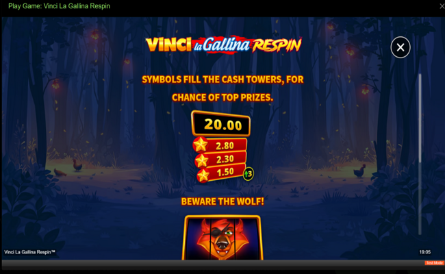 vinci la gallina respin paytable 1