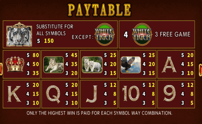 white tiger paytable