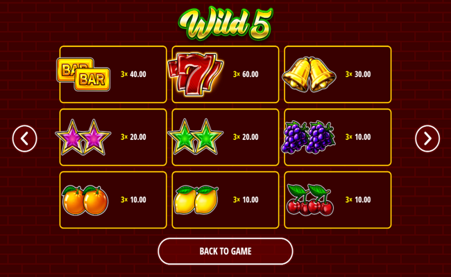 wild 5 paytable