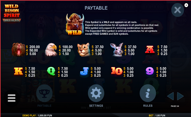 wild bison spirit hold and win paytable 1