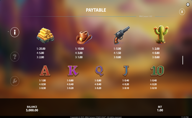 wild canyon paytable