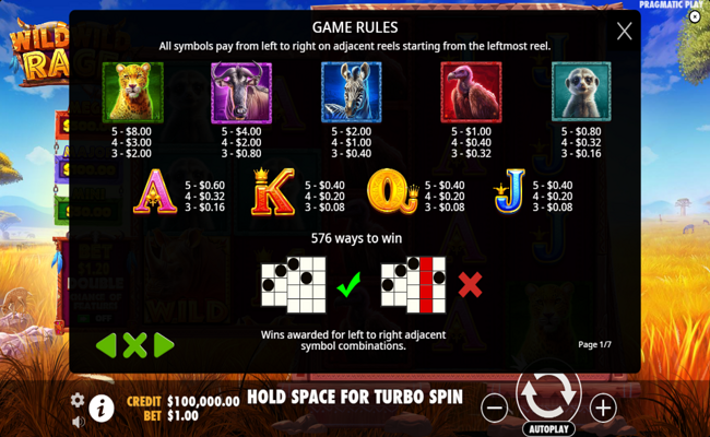 wild wild rage paytable