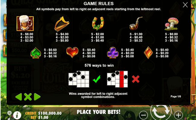 wild wild riches paytable