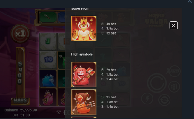 worms of valor paytable 1