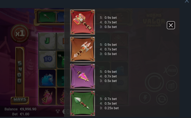 worms of valor paytable 3
