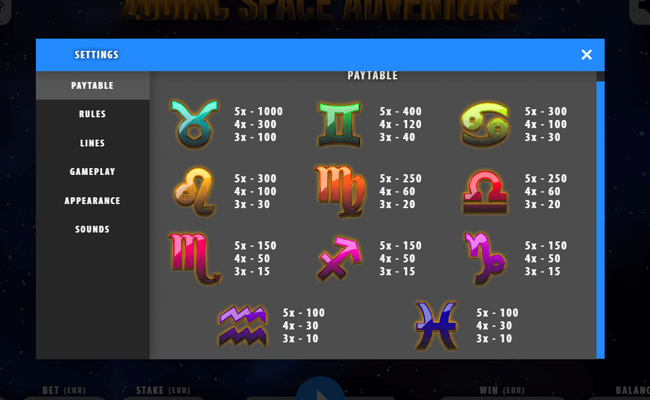 zodiac space adventure paytable
