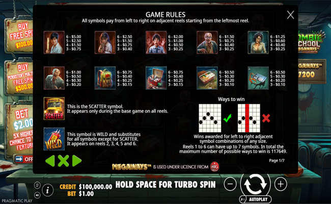 zombie school megaways paytable