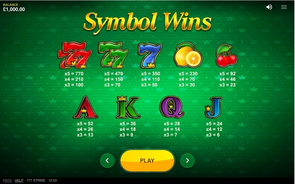 777 Strike Slot Paytable