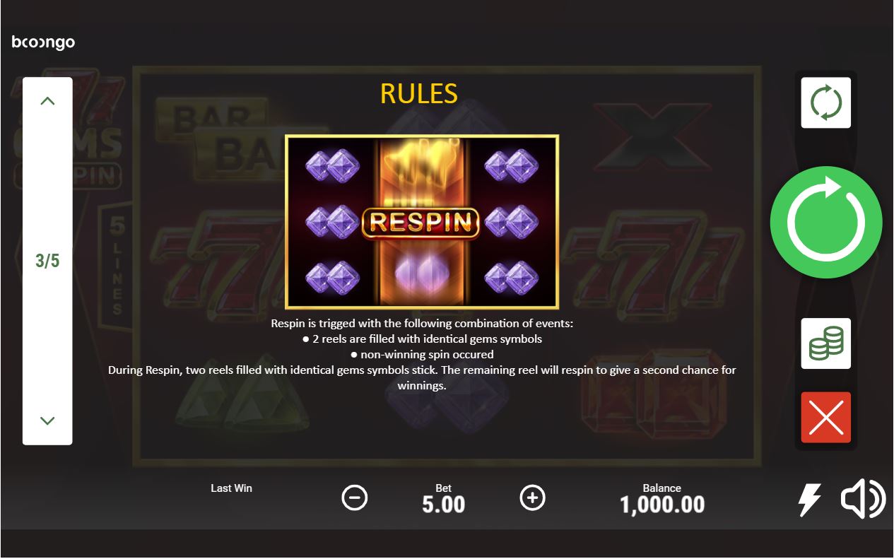 Booongo 777 Gems Respin slot game respin feature