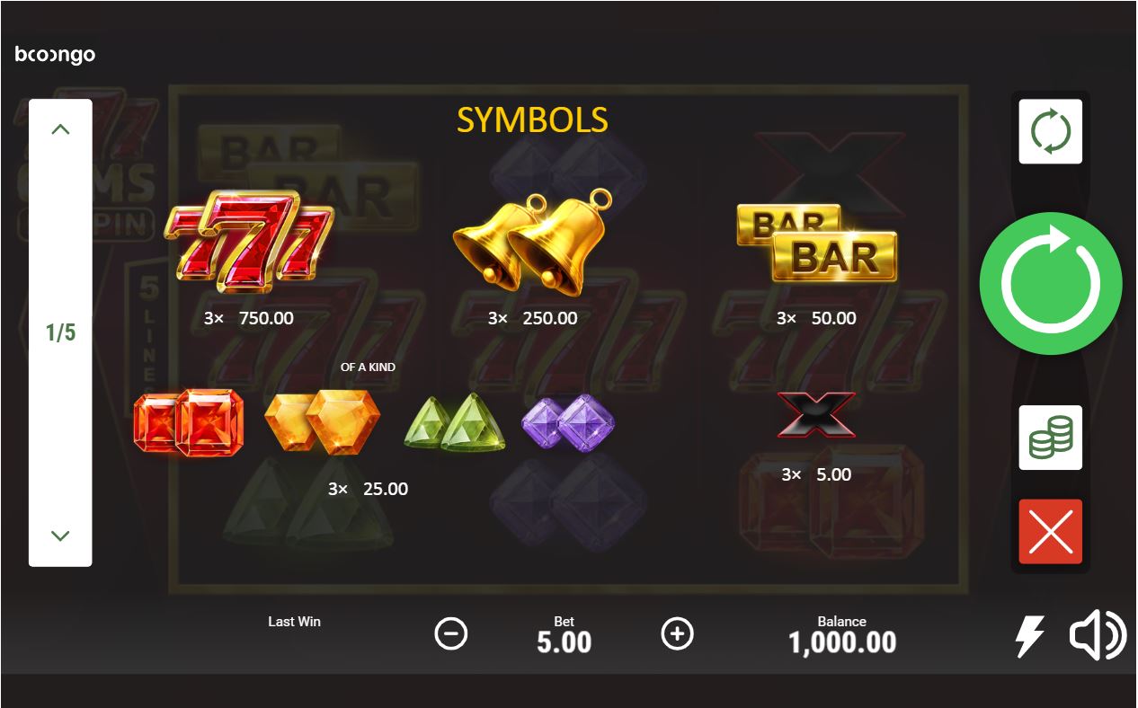 Booongo 777 Gems Respin slot game symbols