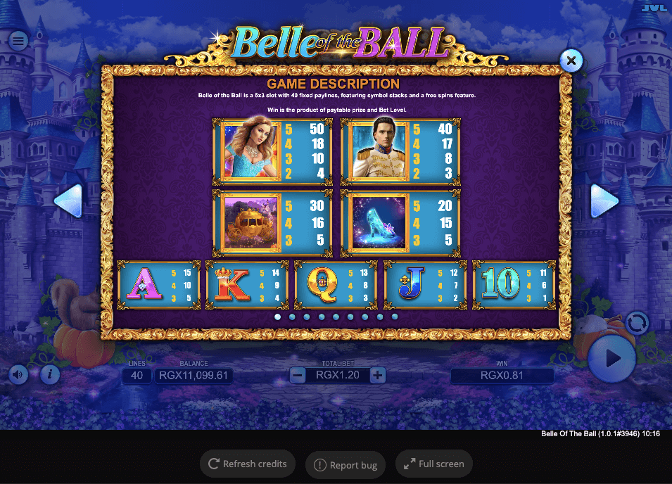 Belle of the Ball Online Slots Game Paytable