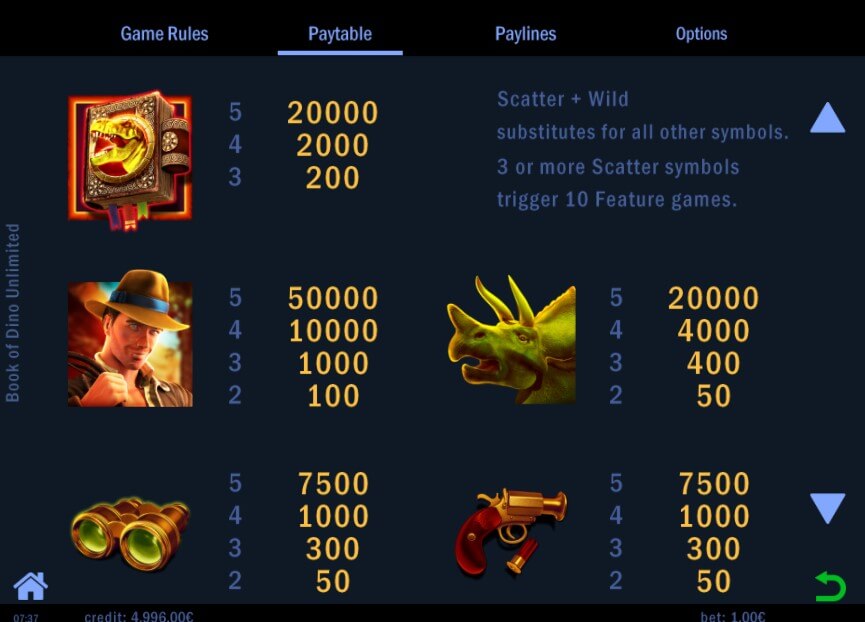 Book of Dino Unlimited Online Slots Game Paytable