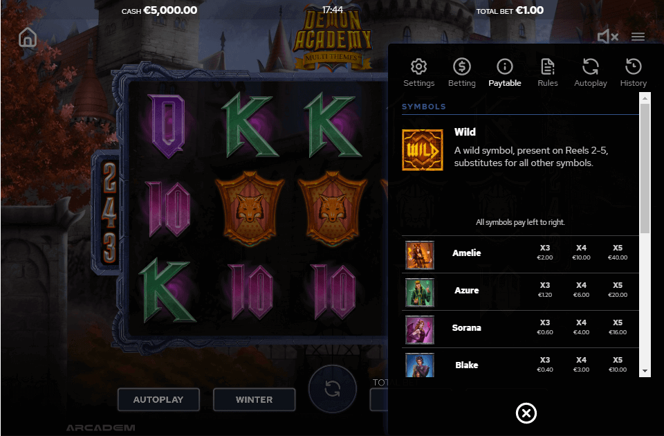 Demon Academy Online Slots Game Paytable