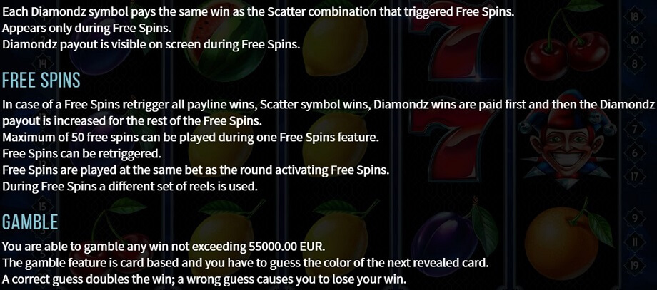 Diamondz Online Slots Game Features