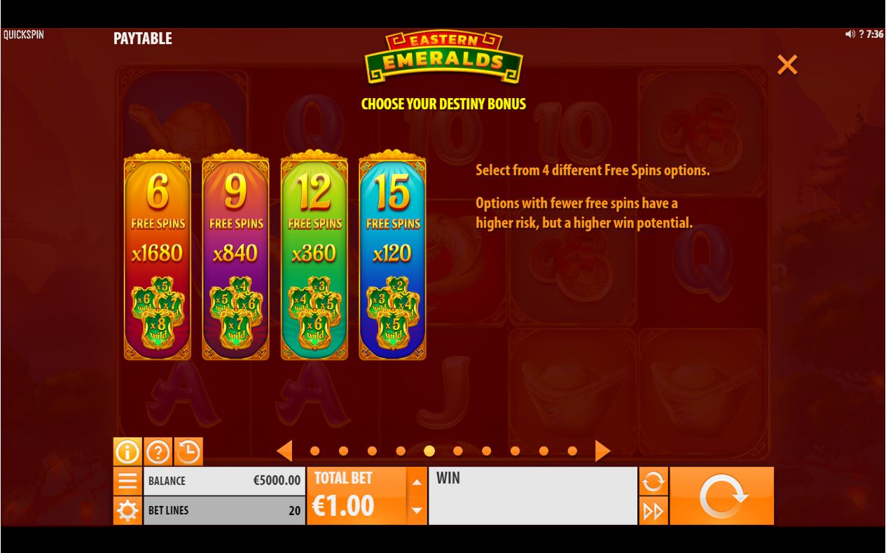 Quickspin Eastern Emeralds Slot Overview paytable scatter symbol wild win
