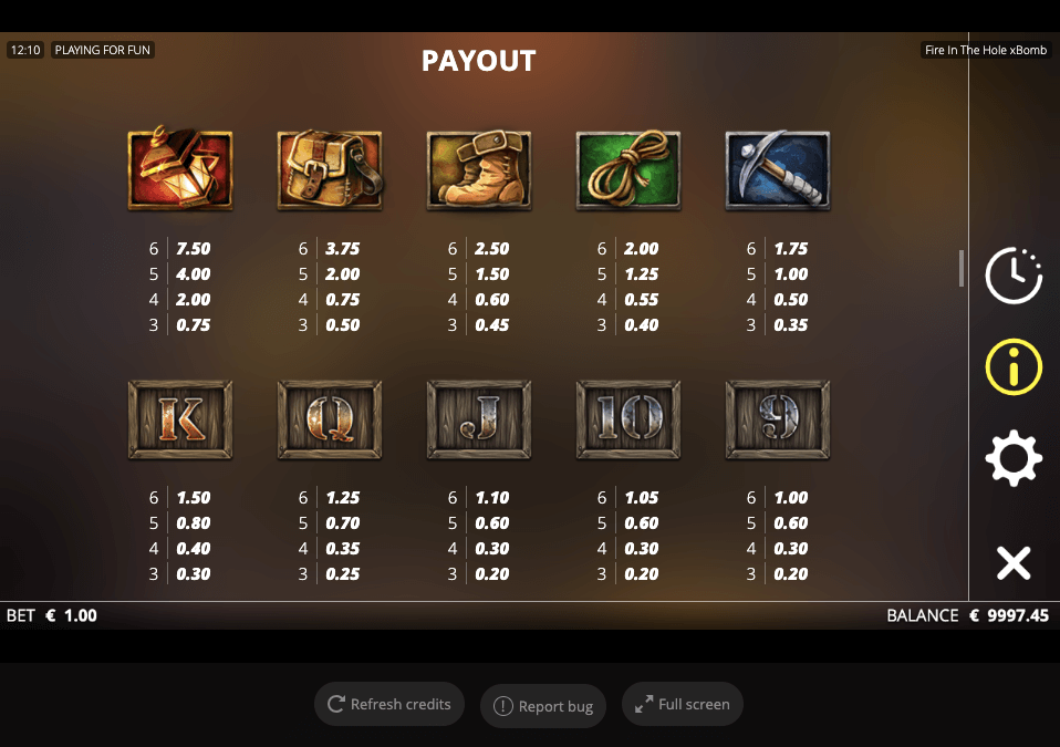 Fire in The Hole xBomb online slot game paytable