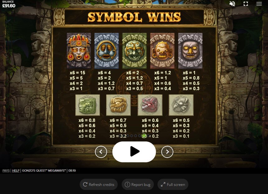 Gonzos Quest Megaways Online Slots Game Paytable